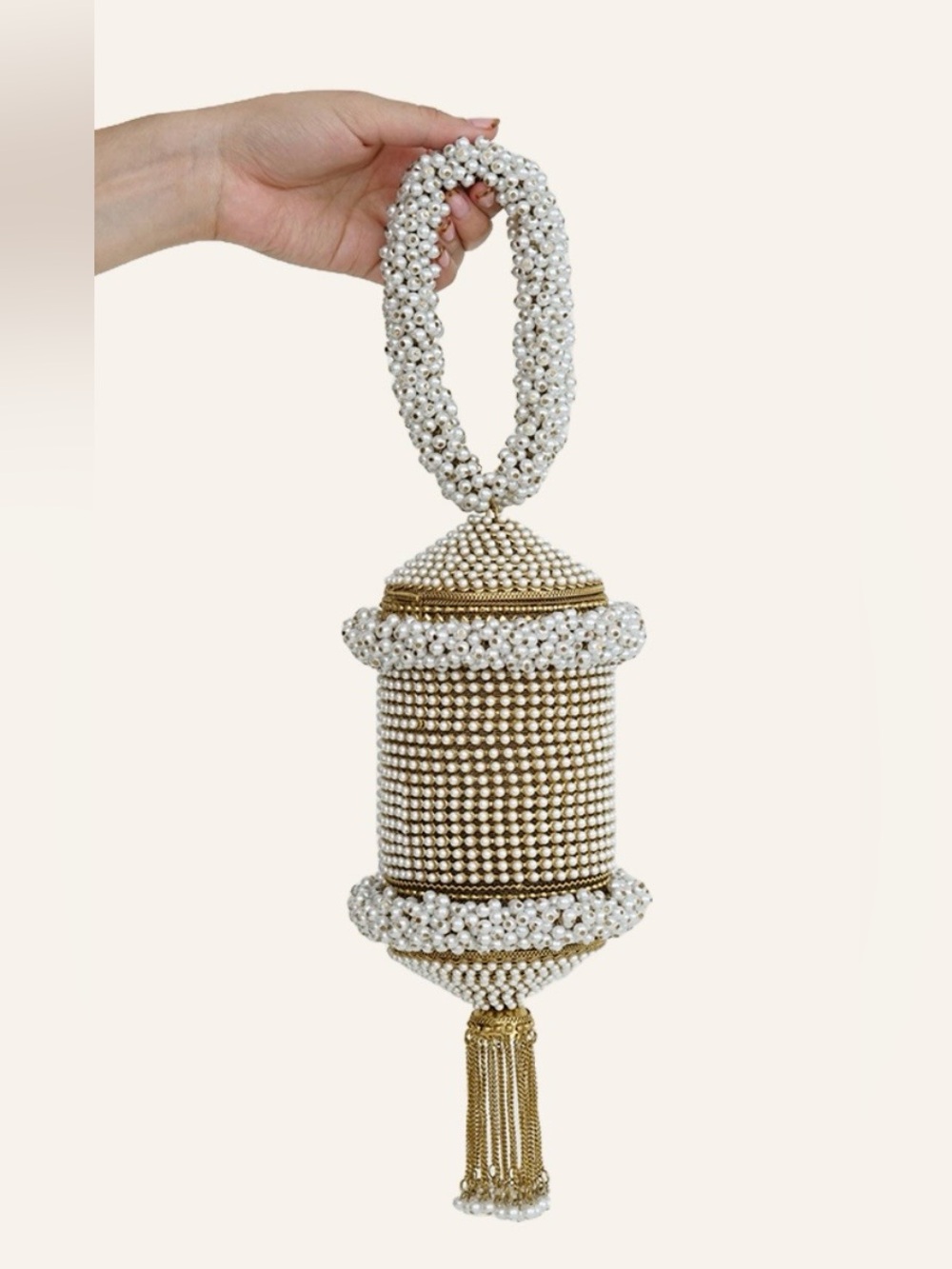 RAMLA Beaded Pearl Cylinder Minaudière with Gold Tassel Bag